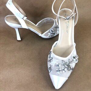 Betsey Johnson Zola Ivory Satin Rhinestone Pointed-Toe Ankle-Strap Pumps Sz. 8.5